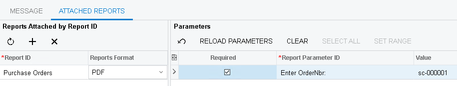 Attached Reports tab for attaching one or more Crystal Reports to an email template