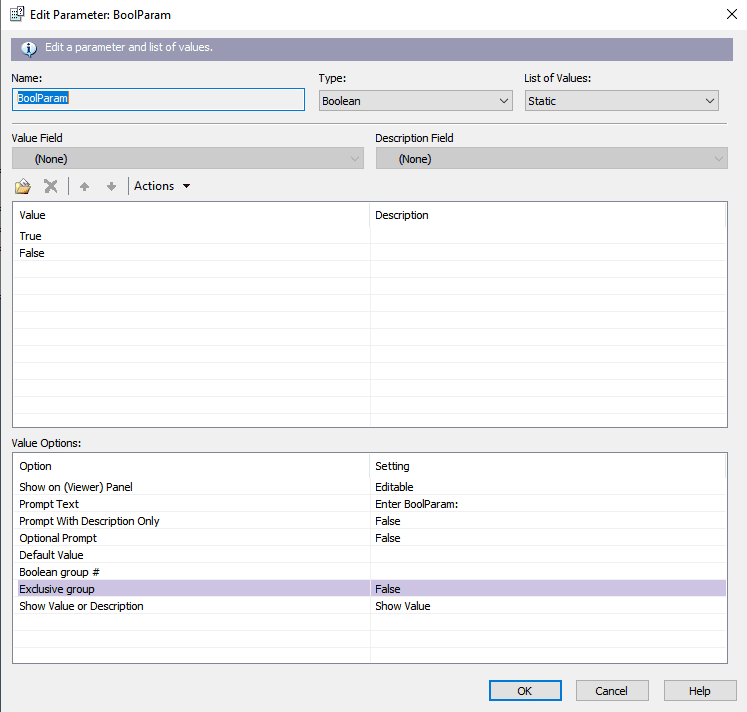 Boolean parameter type configuration screen