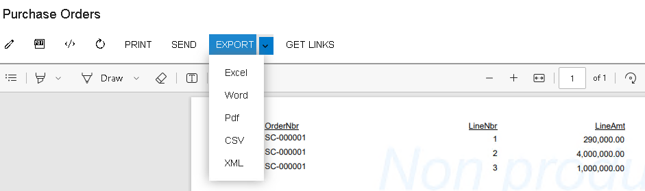 Export dropdown listing PDF, Excel, Word, CSV, and XML output formats