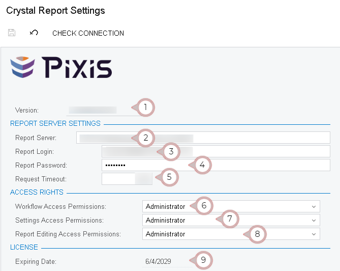 Crystal Report Settings screen in Acumatica showing Report Server, login credentials, timeout, and license expiry