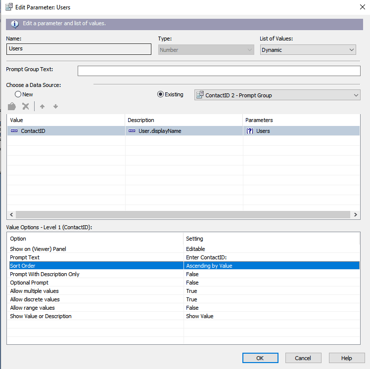 Dynamic Parameter configuration with ContactID value and User.displayName descriptor