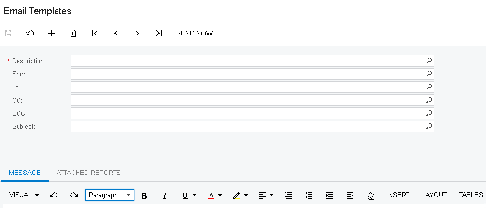 Email Template configuration form with subject, body, and recipient fields