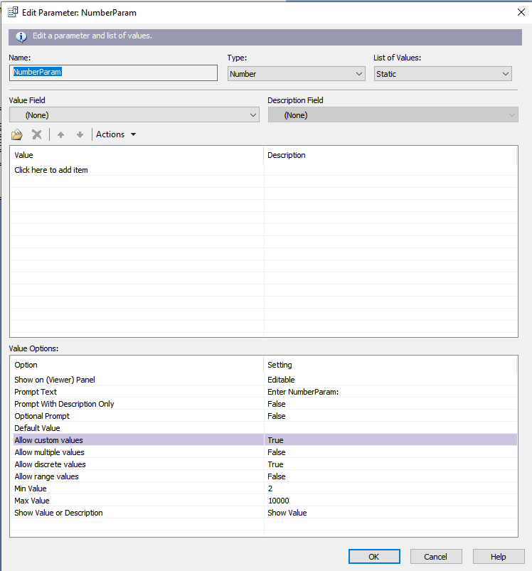Number parameter type configuration screen in SAP Crystal Reports