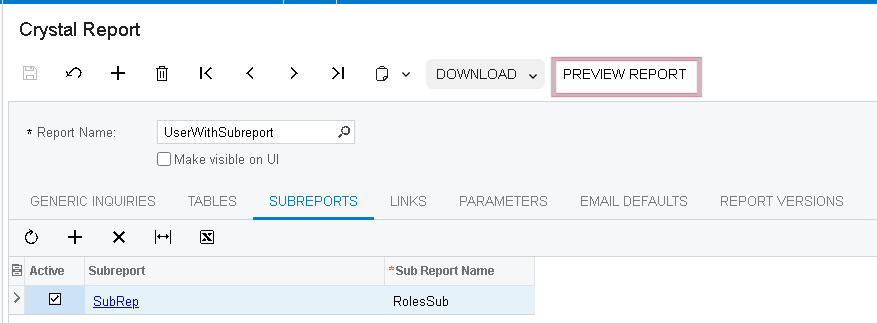Clicking Preview Report on a parent report that includes a sub-report