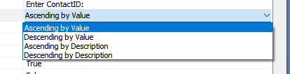 Sort Order option controlling how values appear in a dynamic parameter dropdown
