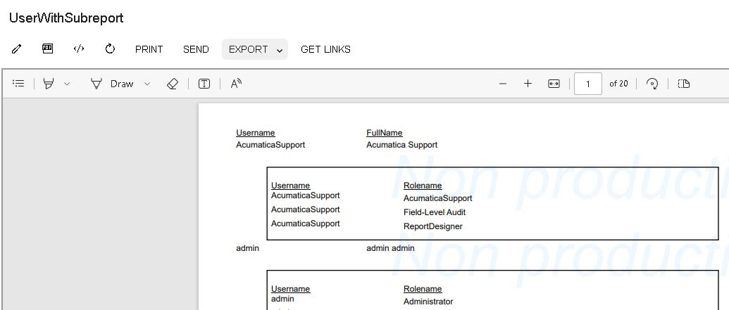 Final rendered output of a Crystal Report with an embedded sub-report